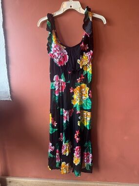 Old Navy Black Maxi Dress with Pink Yellow & Green Floral Print